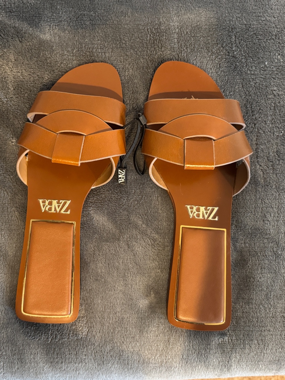 Zara Cognac Leather Woven Strap Slide Mules